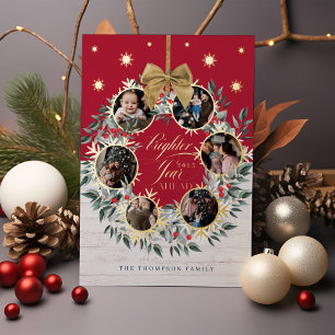 Snowflake Photo Collage Wreath Navy & White Wood F Foil Holiday Card