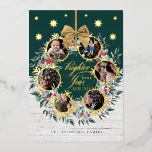 Snowflake Photo Collage Wreath Navy & White Wood F Foil Holiday Card
