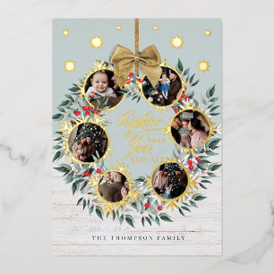 Snowflake Photo Collage Wreath Navy & White Wood Foil Holiday Card