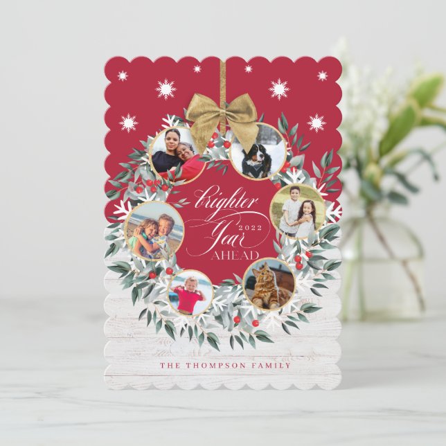 Snowflake Photo Collage Wreath Red & White Wood Holiday Card (Standing Front)