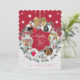 Snowflake Photo Collage Wreath Red & White Wood Holiday Card