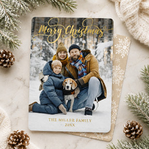 Snowflake Photo Family Merry Christmas Gold Script Foil Holiday Card