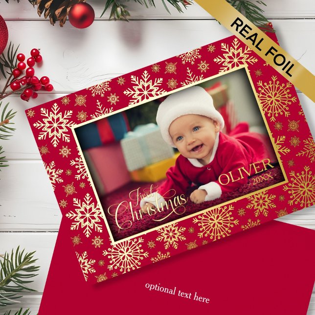 Snowflake Photo Frame Foil Holiday Card (Snowflake Photo Frame Foil Holiday Card - gold and red)