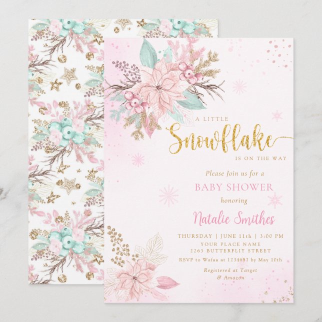 Snowflake Pink and Gold Glitter Winter Baby Shower Invitation (Front/Back)