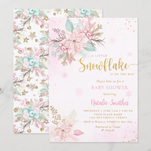 Snowflake Pink and Gold Glitter Winter Baby Shower Invitation