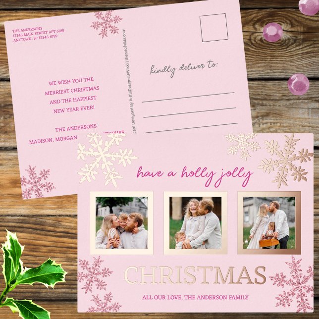 Snowflake Pink Glam 3 Photo Christmas Rose Gold Foil Holiday Postcard (These 3 photo faux pink glitter snowflake real foil Christmas postcards are a cute postage saver)