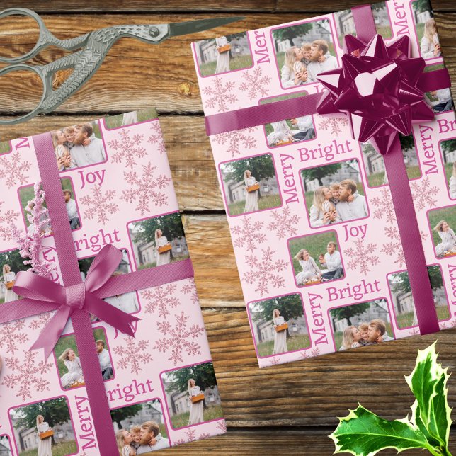 Snowflake Pink Glam 3 Photo Collage Christmas Wrapping Paper (Add your favorite photos to this pink snowflake design for custom designer Christmas wrapping paper)