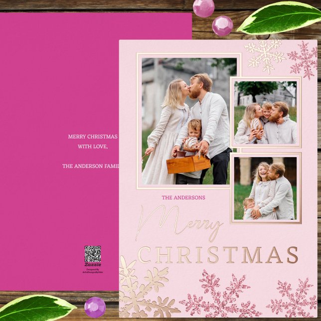 Snowflake Pink Glam 3 Photo Collage Rose Gold Foil Holiday Card (It's so easy to add your photos and text to this glam faux glitter pink snowflake Christmas card)