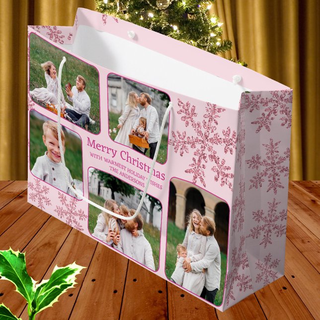 Snowflake Pink Glam 5 Photo Collage Christmas Large Gift Bag (This pink snowflake design plus your photos creates custom designer Christmas gift bags just for you)