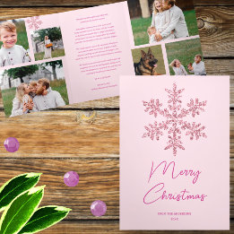Snowflake Pink Glam 6 Pic Merry Multi Photo Tri-Fold Holiday Card