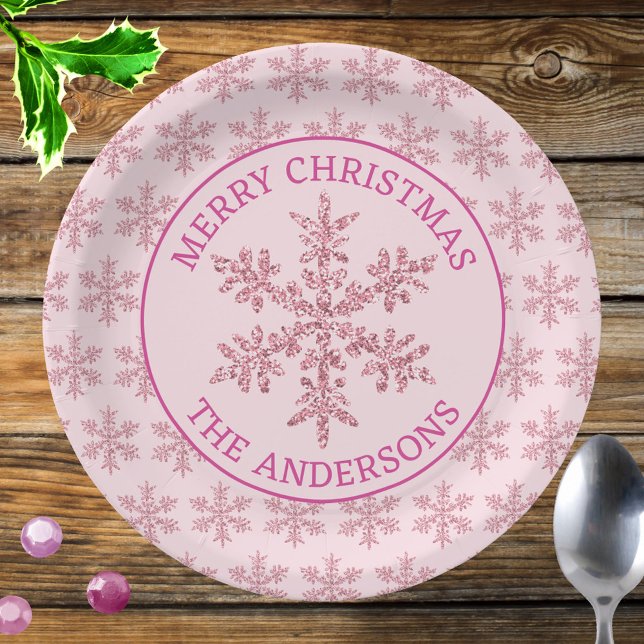 Snowflake Pink Glam Celebration Christmas Paper Plate (Dress your Christmas table with custom holiday paper plates with faux glitter pink snowflakes!)