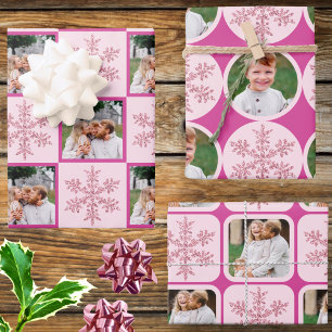 Snowflake Pink Glam Classic 3 Photo Christmas Wrapping Paper Sheet