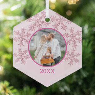 Snowflake Pink Glam Cute Family Photo Christmas Glass Tree Decoration