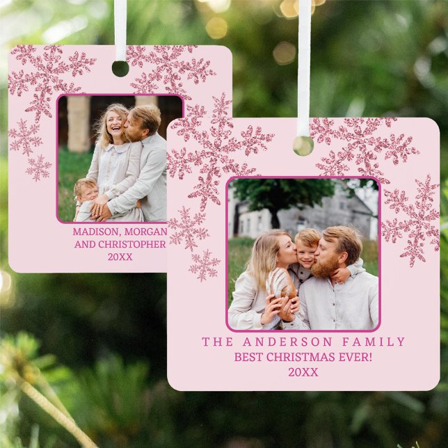 Snowflake Pink Glam Elegant 2 Photo Christmas Metal Tree Decoration (Custom double sided 2 photo ornament so you can display two separate pictures on your Christmas tree)