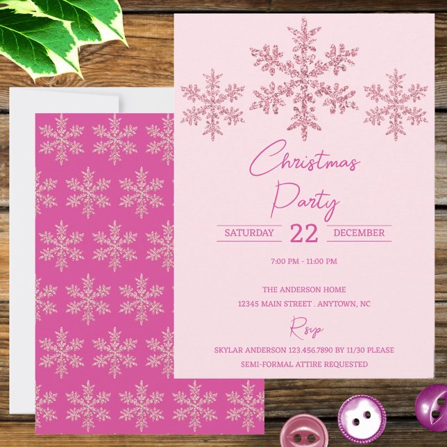Snowflake Pink Glam Elegant Festive Christmas (Planning the perfect Christmas party? These pink snowflake holiday invitations make a statement)