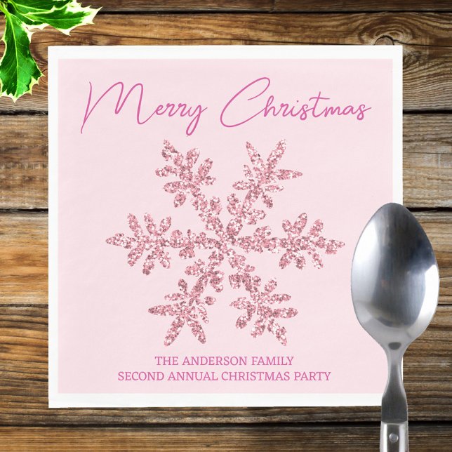 Snowflake Pink Glam Minimal Christmas Party Napkin (Pink snowflake paper napkins perfect for holiday parties, lunches, dinners and brunches.)