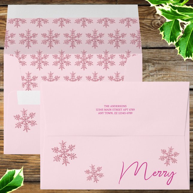 Snowflake Pink Glam Rustic Sparkle Christmas Envelope (You can have your address printed on the back and the snowflake printing inside is a fun surprise!)