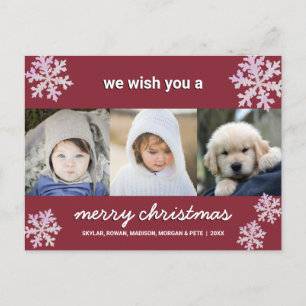 Snowflake Pink Opal 3 Photo Merry Christmas Postcard