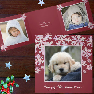 Snowflake Pink Opal Happy Christmas 4 Photo Tri-Fold Holiday Card