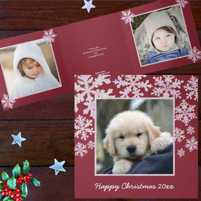 Snowflake Pink Opal Happy Christmas 4 Photo Tri-Fold Holiday Card (Creator Uploaded)