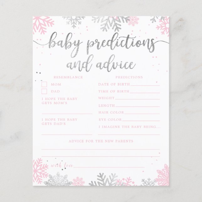 Snowflake Pink Silver Baby Predictions Advice Card (Front)