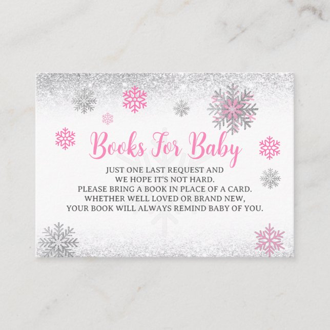  Snowflake Pink & Silver Baby Shower Book Request  Enclosure Card (Front)