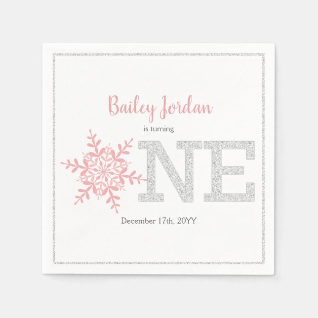 Snowflake Pink & Silver Glitter 1st Birthday Napkin (Front)