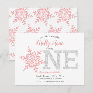 Snowflake Pink Silver Glitter Winter 1st Birthday Invitation