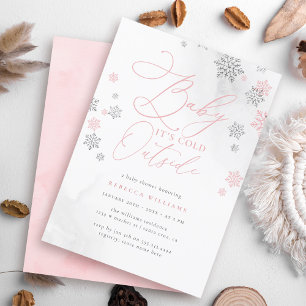Snowflake Pink & Silver Glitter Winter Baby Shower Invitation