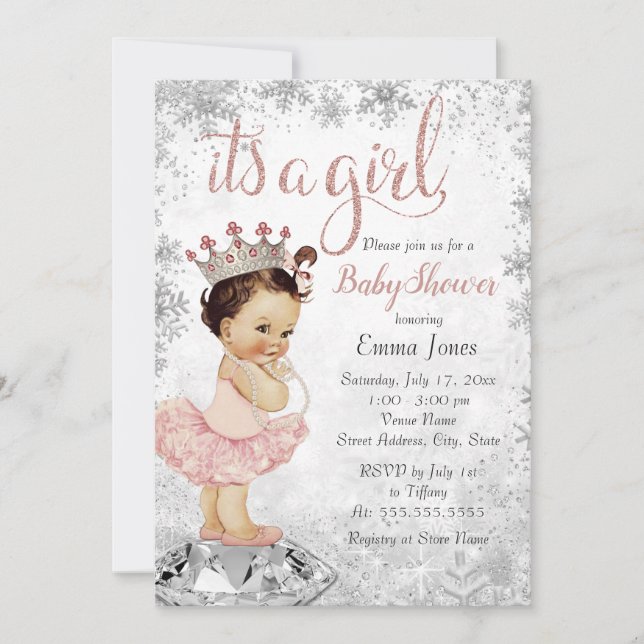 Snowflake Pink Silver Princess Girl Baby Shower Invitation (Front)