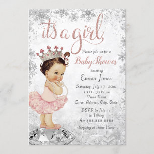 Snowflake Pink Silver Princess Girl Baby Shower Invitation