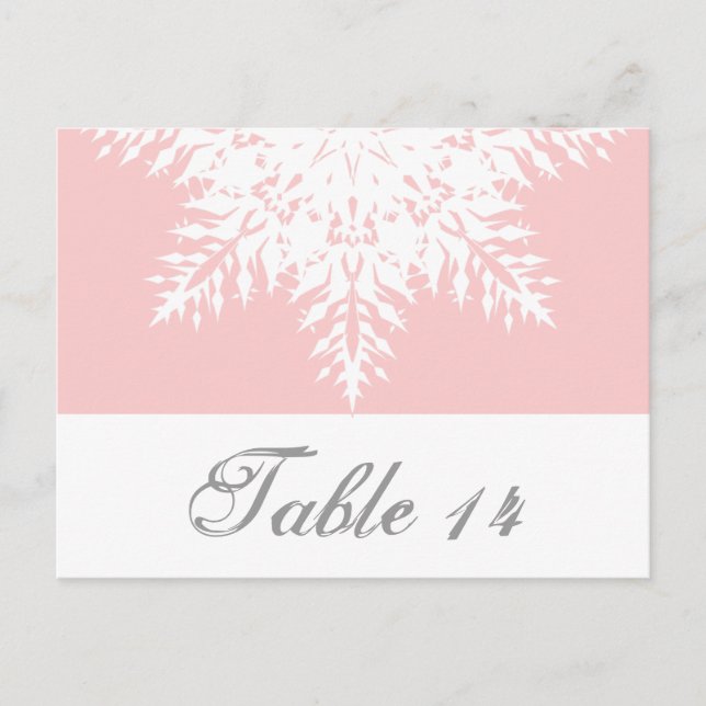 Snowflake pink, white winter wedding table number postcard (Front)
