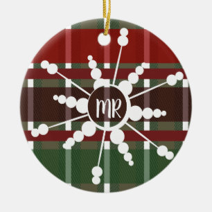 Snowflake Plaid Monogram Christmas Present Photo Ceramic Tree Decoration