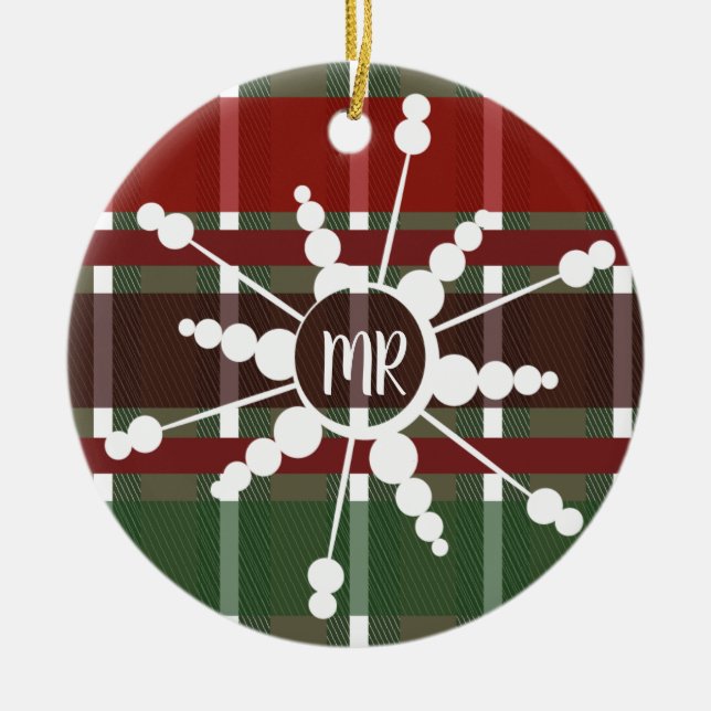 Snowflake Plaid Monogram Christmas Present Photo Ceramic Tree Decoration (Front)