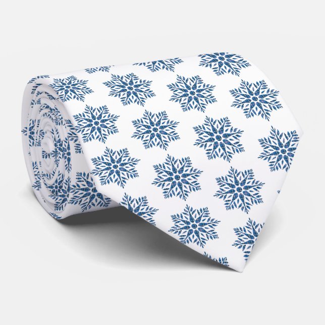 Snowflake Plaid Pattern Blue Holiday Neck Tie (Rolled)