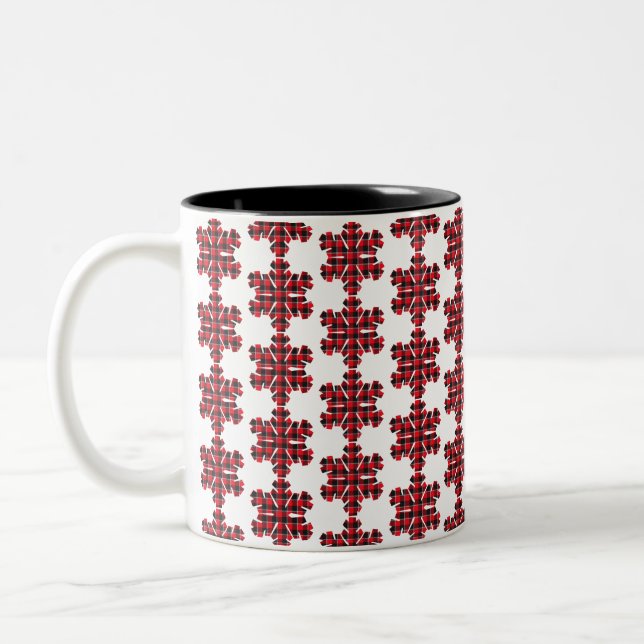 Snowflake Plaid Red Black Buffalo Two-Tone Coffee Mug (Left)