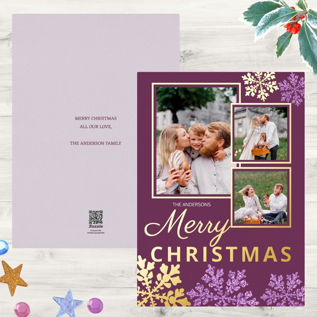 Snowflake Plum Bling 3 Photo Collage Gold Foil Holiday Card (Add your 3 photo collage to these dark purple Christmas cards with real gold foil printing)