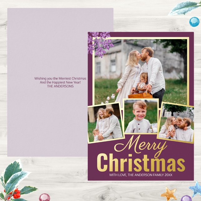 Snowflake Plum Bling 4 Photo Collage Gold Foil Holiday Card (Custom Christmas cards with your 4 photo collage, unexpected plum purple and real gold foil accents)