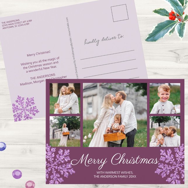 Snowflake Plum Bling 5 Family Photo Christmas Holiday Postcard (Personalize these purple Christmas postcards using the easy to use photo and text templates)
