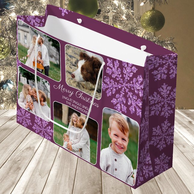Snowflake Plum Bling 5 Photo Collage Christmas Large Gift Bag (Easy to personalize, these 5 photo Christmas gift bags in dark purple with snowflakes are way cute)