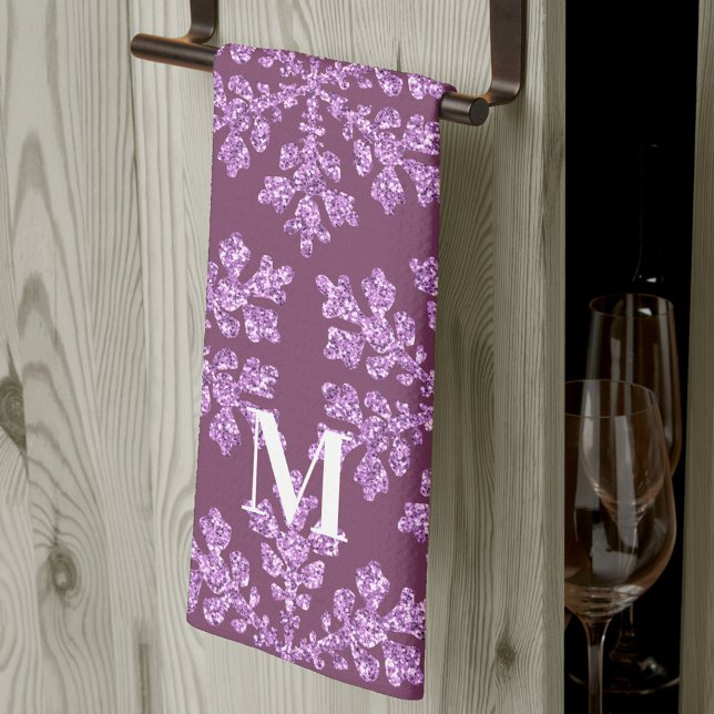 Snowflake Plum Bling Chic Monogram Christmas Tea Towel (Add your monogram to these plum purple & snowflake Christmas kitchen towels for personalized gifts)