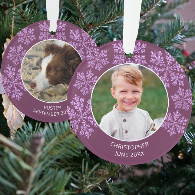 Snowflake Plum Bling Cute 2 Photo Christmas Ornament (Add your 2 photos to this double sided Christmas ornament in dark purple with snowflakes)