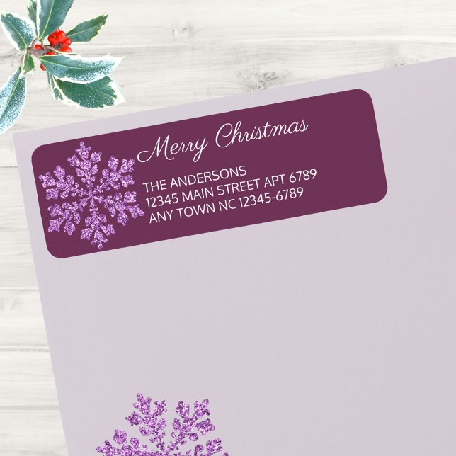 Snowflake Plum Bling Informal Casual Christmas (Custom address labels in deep plum purple with a faux glitter snowflake add a little glam)