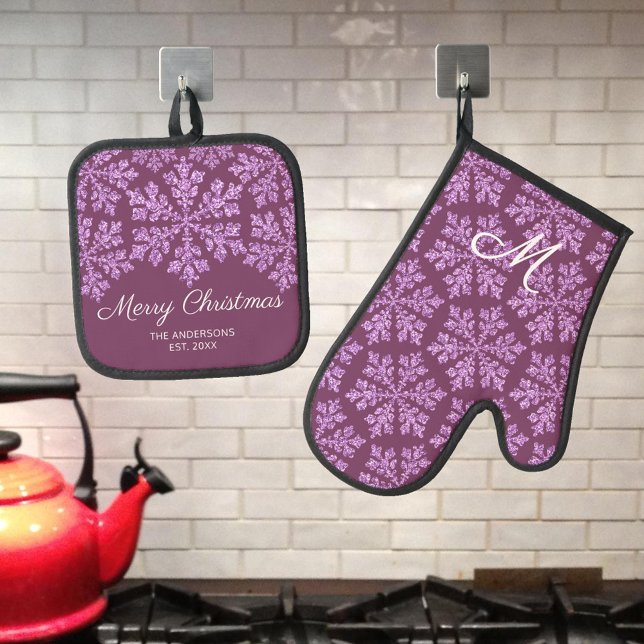 Snowflake Plum Bling Monogrammed Christmas Oven Mitt & Pot Holder Set (Create the perfect holiday gift with these personalized Christmas oven mitts & pot holder in purple)