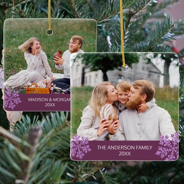 Snowflake Plum Bling Trendy 2 Photo Christmas Ceramic Ornament (Personalized 2 photo ceramic Christmas ornaments in dark purple with purple faux glitter snowflakes)