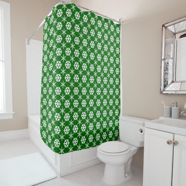 Snowflake Polka Dot Pattern on Green Shower Curtain (In Situ)