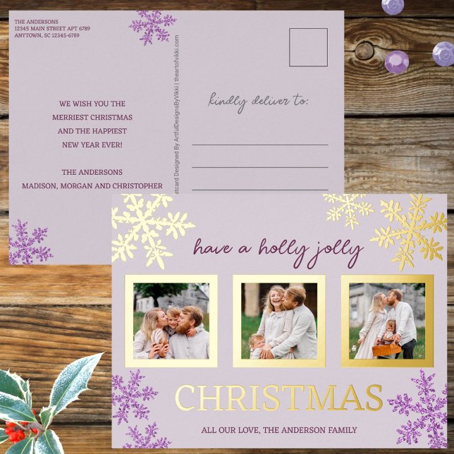 Snowflake Purple Glam 3 Photo Christmas Gold Foil Holiday Postcard (Your 3 photos plus purple snowflakes and real foil printing makes these Christmas postcards jolly)