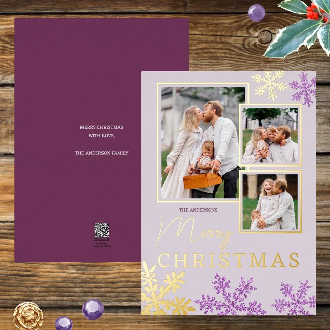 Snowflake Purple Glam 3 Photo Collage Gold Foil Holiday Card (Faux purple glitter and real gold foil printing add the glam to these photo Christmas cards)