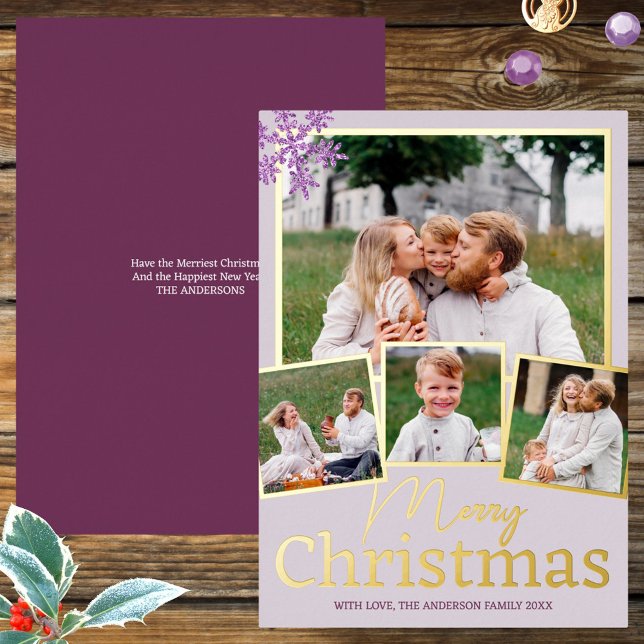 Snowflake Purple Glam 4 Photo Collage Gold Foil Holiday Card (Personalize these trendy purple 4 photo Christmas cards with real gold foil accents)