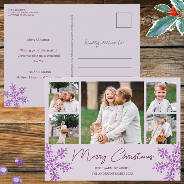 Snowflake Purple Glam 5 Family Photo Christmas Holiday Postcard (Purple snowflakes & 5 photos on Christmas postcards customized by you for a jolly holiday)